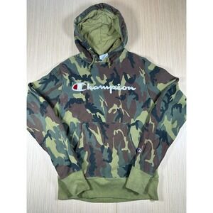Vintage Champion Reverse Weave Hoodie Men Medium Multicolor Camouflage Spell Out